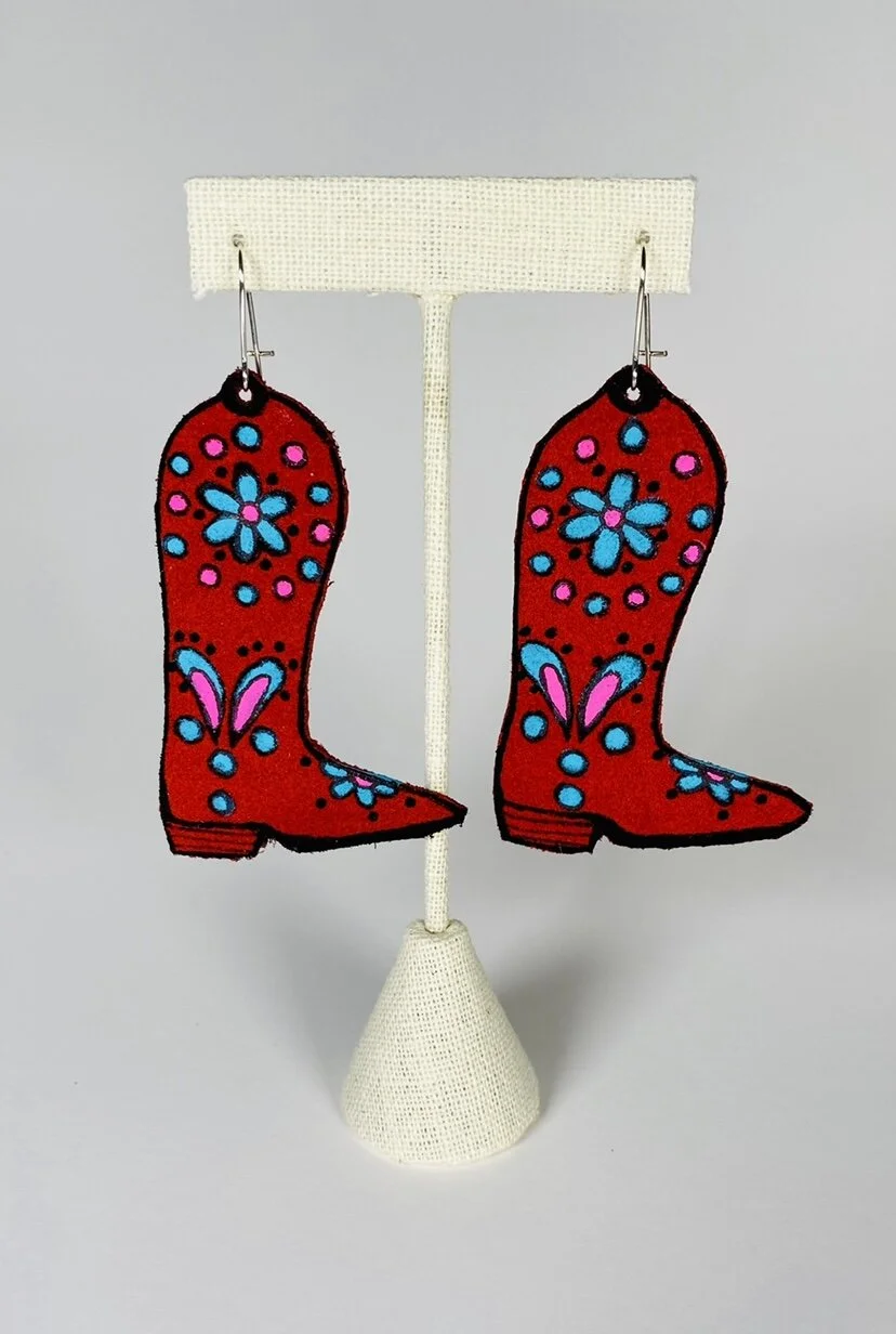 Red Flower Cowgirl Boot Earrings