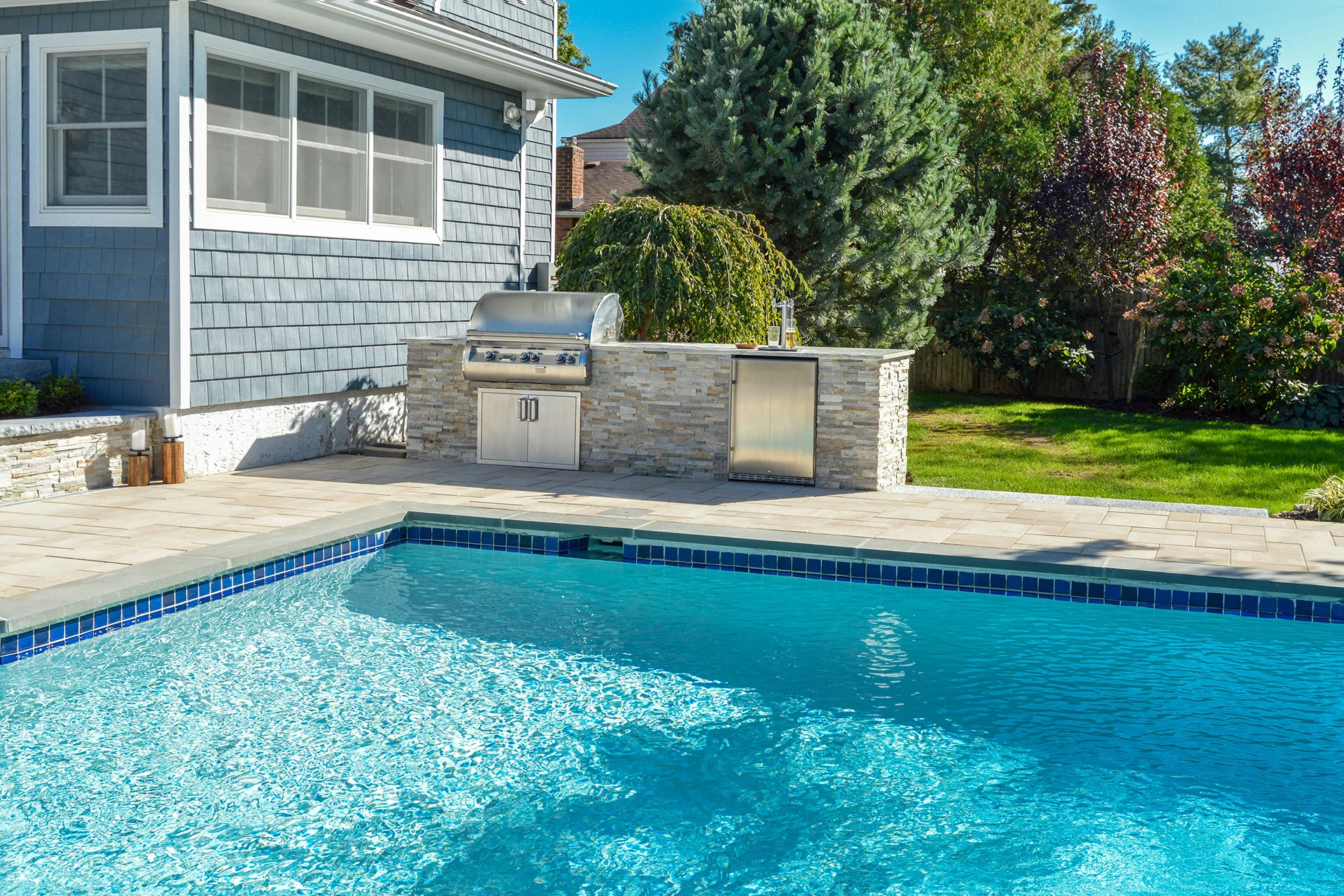 Port Jefferson, NY outdoor kitchen, swimming pool, and patio