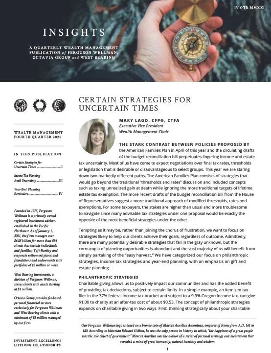 Fourth Quarter 2021 Wealth Management Insights: Certain Strategies for Uncertain Times