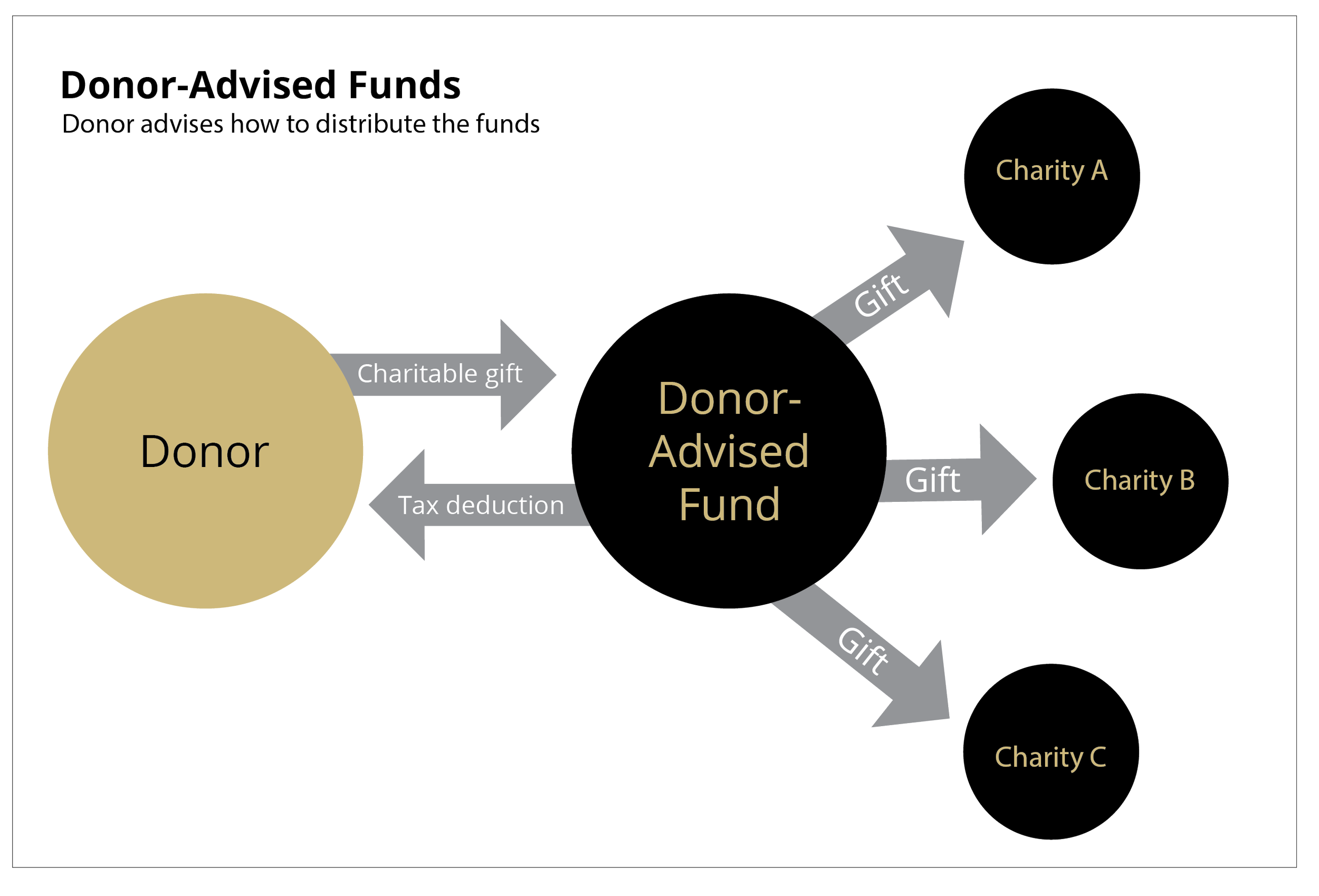 Chart shows how assets from a donor flow into a DAF into multiple charities