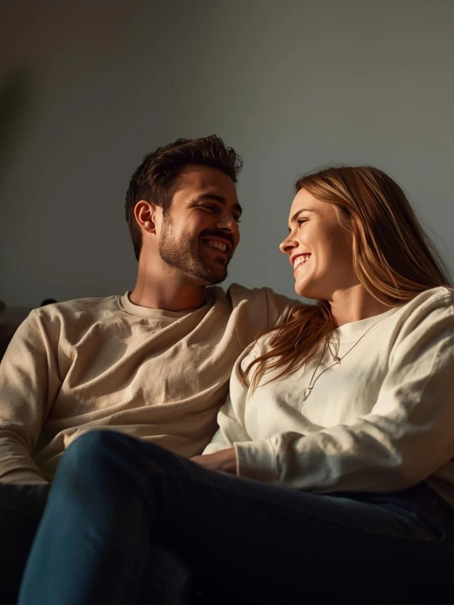 Couple sitting close together on a couch, smiling and making eye contact in a warm, intimate setting, representing connection and relationship counseling support in Bellaire, Texas.