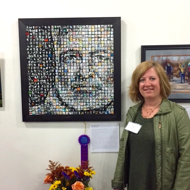 Jen McNulty at Art of Illinois exhibition, where "Papa Hemingway" won Best of Show, Nov 2016.