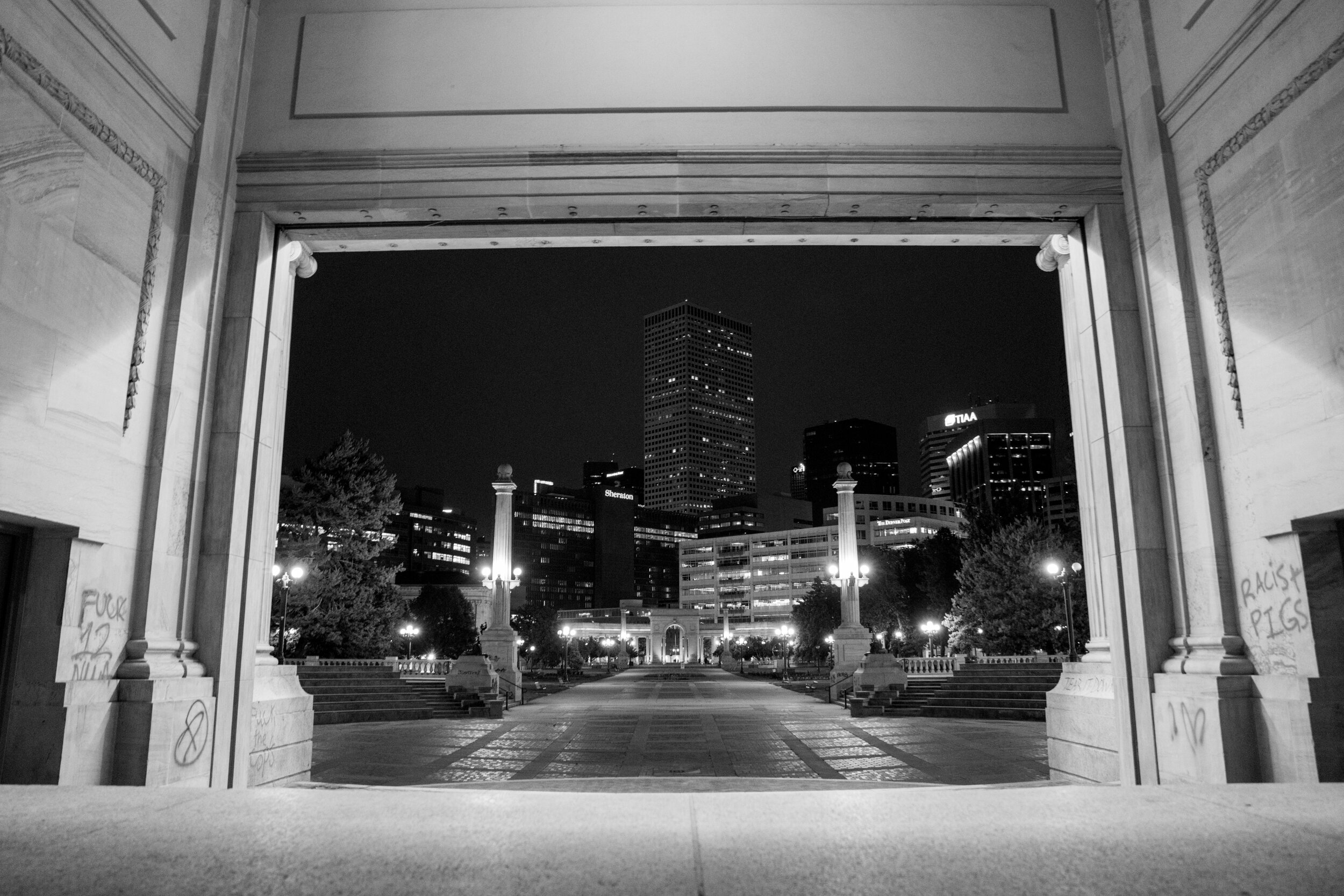 Vandalized structures at the Greek Amphitheater in Civic Center Park in downtown Denver after most of the protesters were gone for the night. 5/30/2020.
