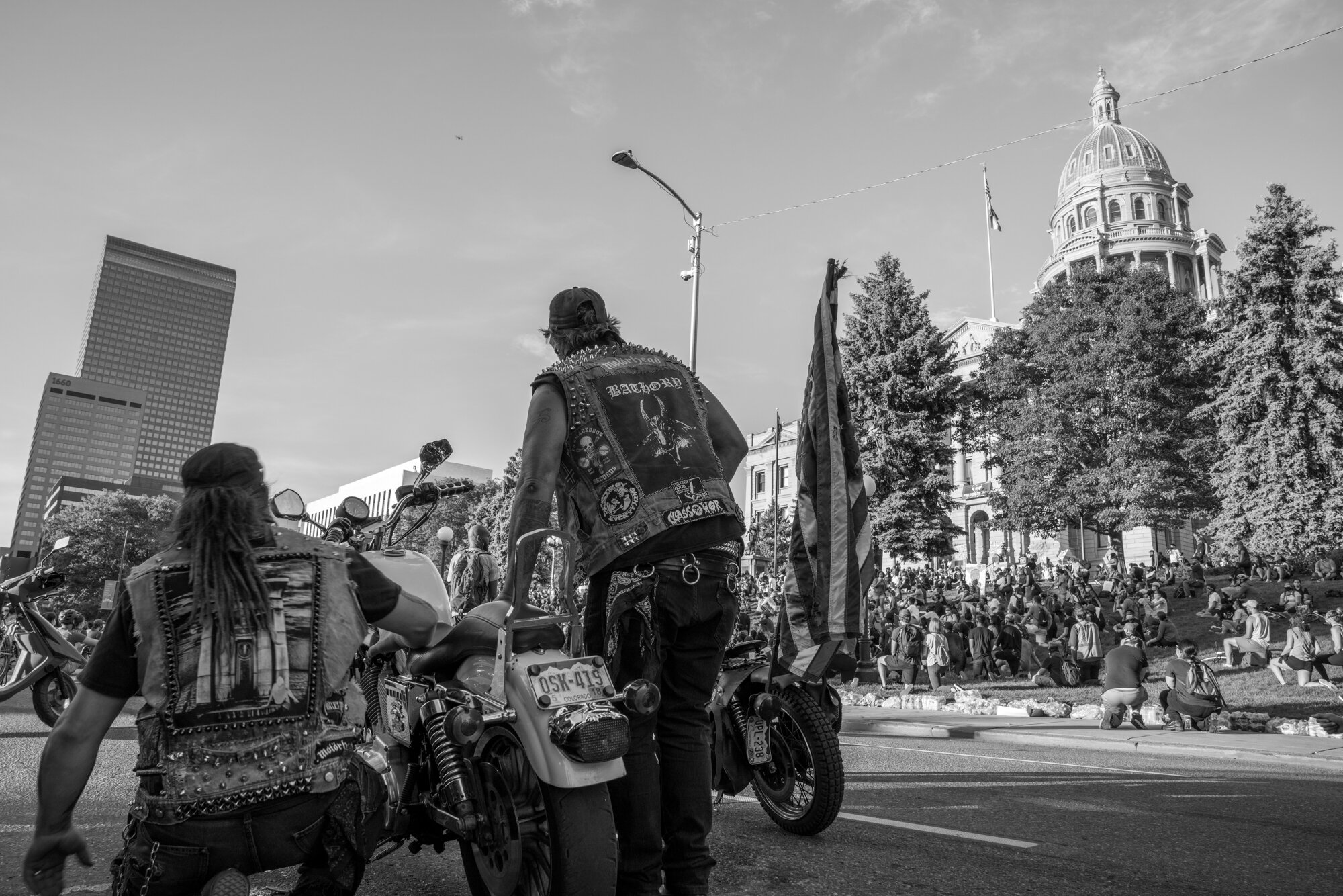 Two bikers join the protesters. 6/02/2020.