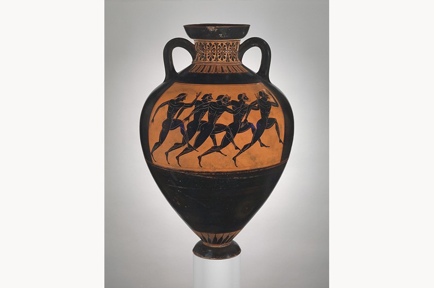 Terracotta Panathenaic prize amphora; Euphiletos Painter; ca. 530 BCE; Metropolian Museum of Art