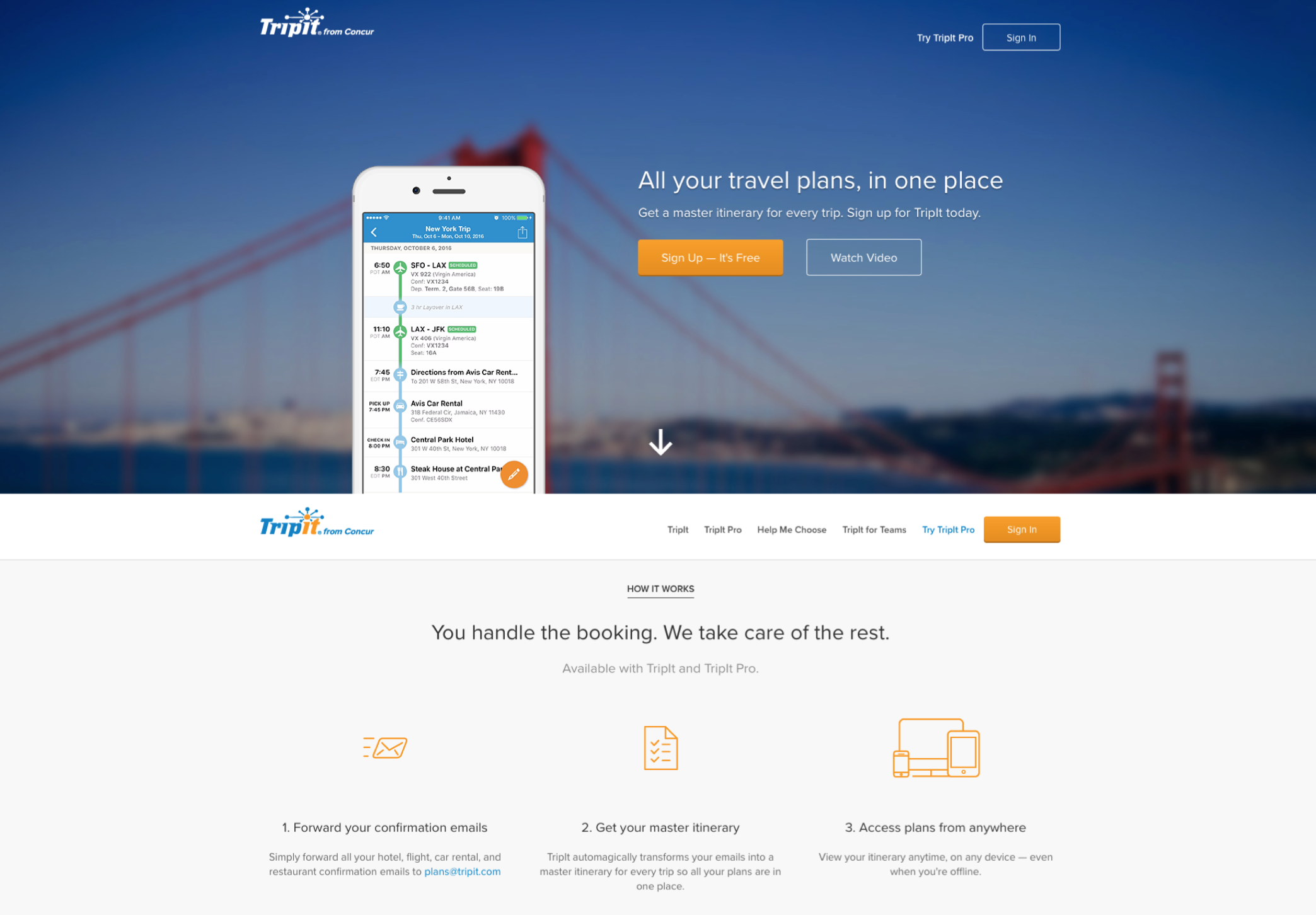 The TripIt landing page prior to redesign, (2013 - 2018)
