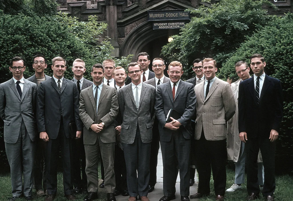 The PCF in 1960 (L-R): William Bryant '60, Ray Chao '61, Steve Johnson '60, Don Youngren '61, Ron Fisher '60, Hank Bryant '63, John Frame '61, Jim Renick '60, Suthy MacLean '58, Ken Petzinger '63, Bob Shade '60, Ron Furst '63, Bruce Higgins '60, Bart Campbell '62, Jerry Butler '60. Six became missionaries and one a theologian.