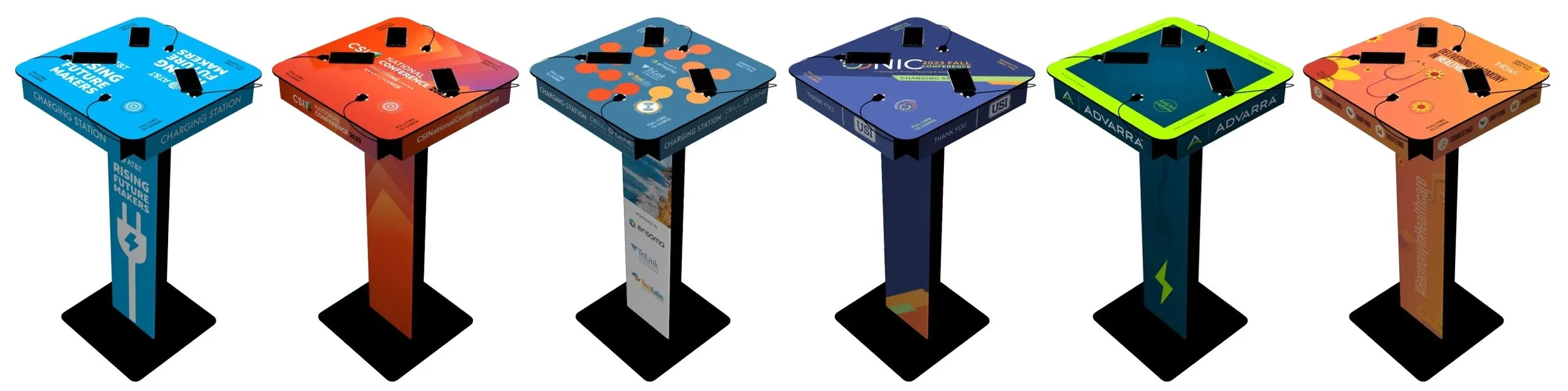 Branded charging tables offer eye-catching designs at trade shows and events.