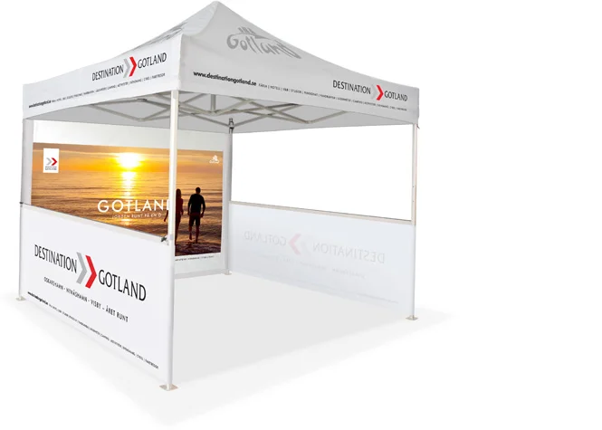 10x10 EZUP Tent with imprinted canopy, valance, full wall imprint, two half wall imprints