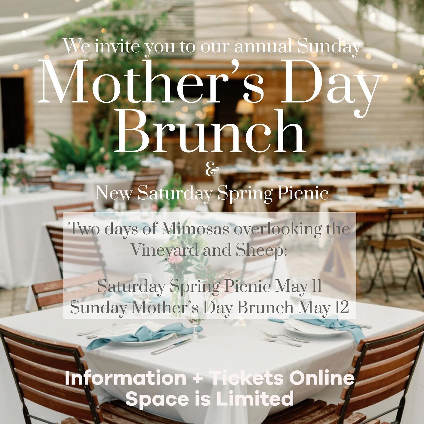 We are so excited to announce our third annual Sunday Mother&rsquo;s Day Brunch with our wonderful friend and neighbor @ksscatering AND adding a new Saturday Spring Picnic opportunity to better serve you! Join us each day for Wonderful Music + Lawn G