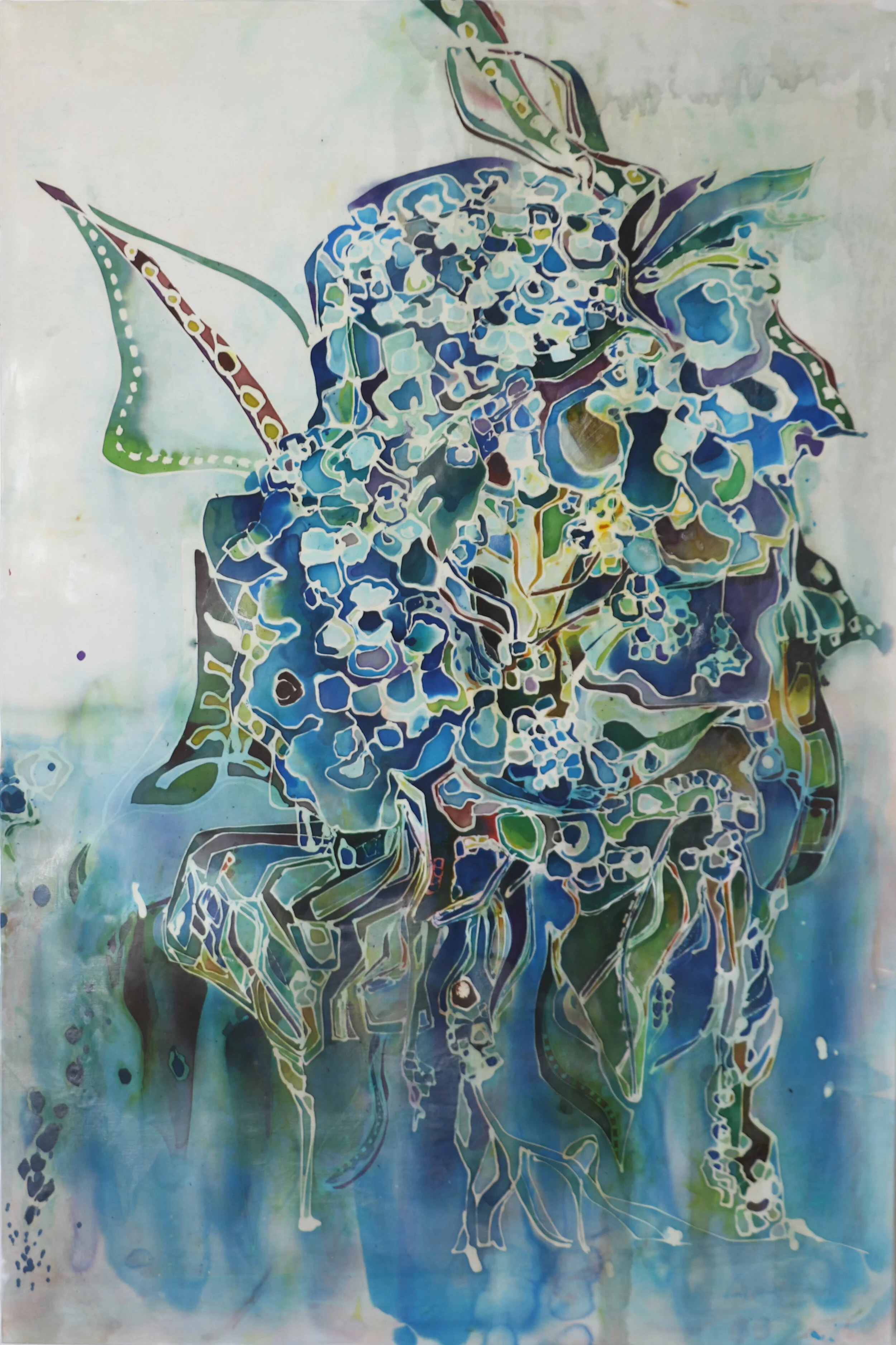 Our Roots Run Deep, 24”x36”, Batik on Cotton + Mixed Media on Wood Panel INQUIRE