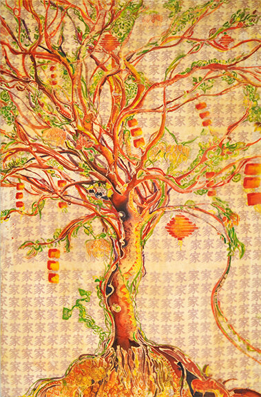 When The Sleeping Dragon Awakes, 24”x36”, Batik on Cotton + Mixed Media on Wood Panel SOLD