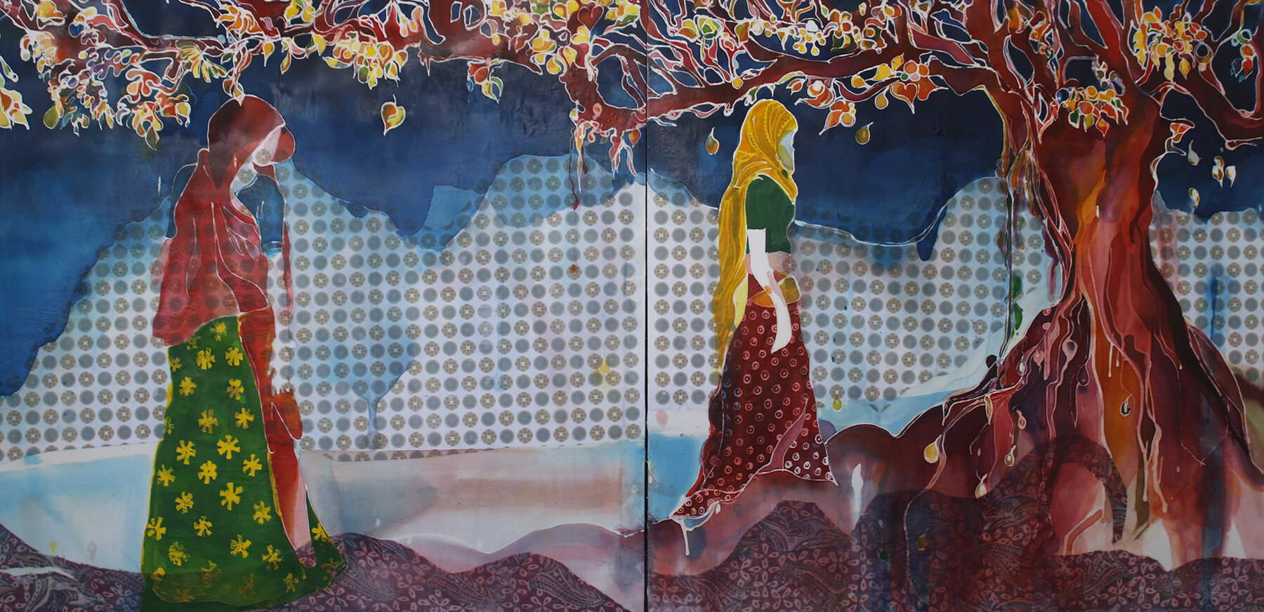 Under The Mango Tree, 72”x36”, Batik on Cotton + Mixed Media on Wood Panel INQUIRE