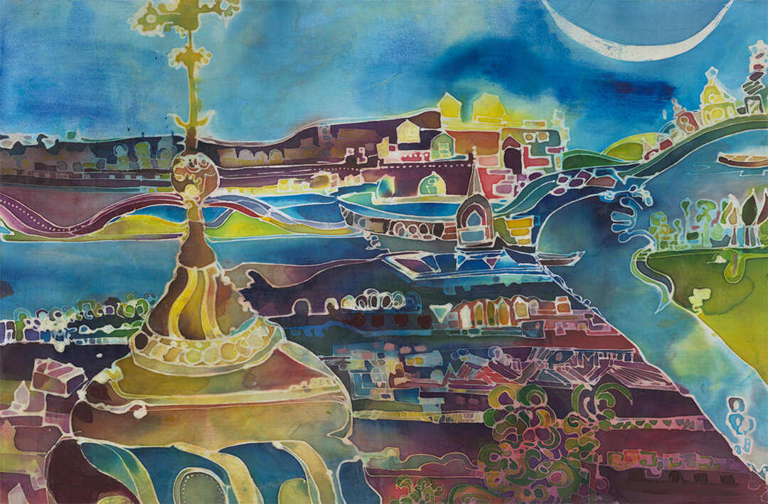 Somewhere Far Far Away, 36”x24”, Batik on Cotton + Mixed Media Wood Panel INQUIRE
