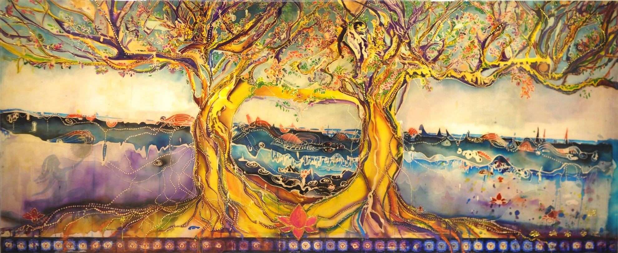 Kalapraviksha, 72”x30”, Batik on Cotton + Mixed Media on Wood Panel SOLD