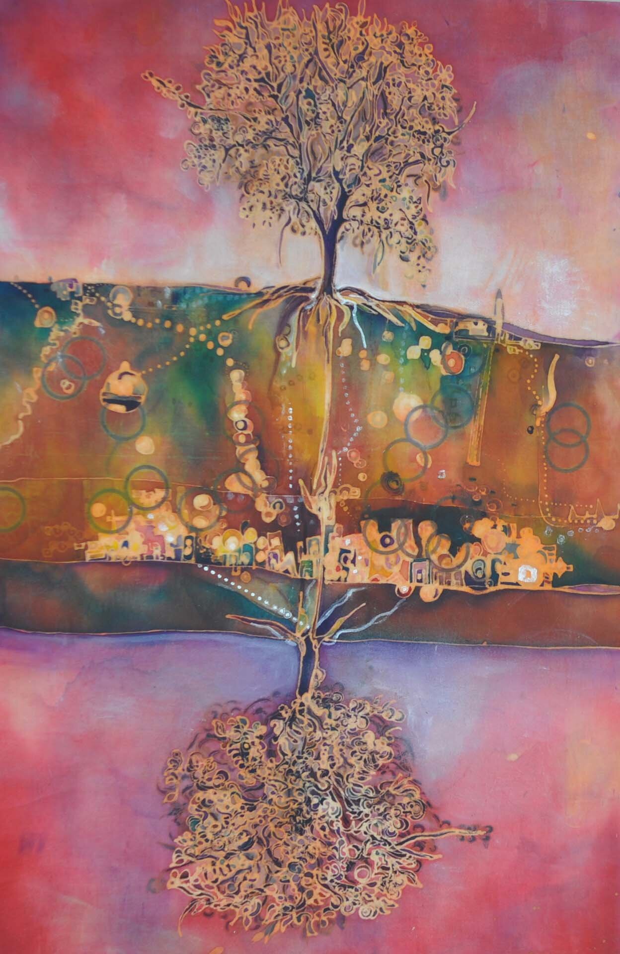 Under the Pink Skies, 24”x36”, Batik on Cotton + Mixed Media on Wood Panel INQUIRE