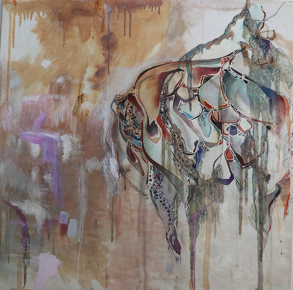 Unravel Me, 36”x36", Batik on Cotton + Mixed Media on Wood Panel SOLD