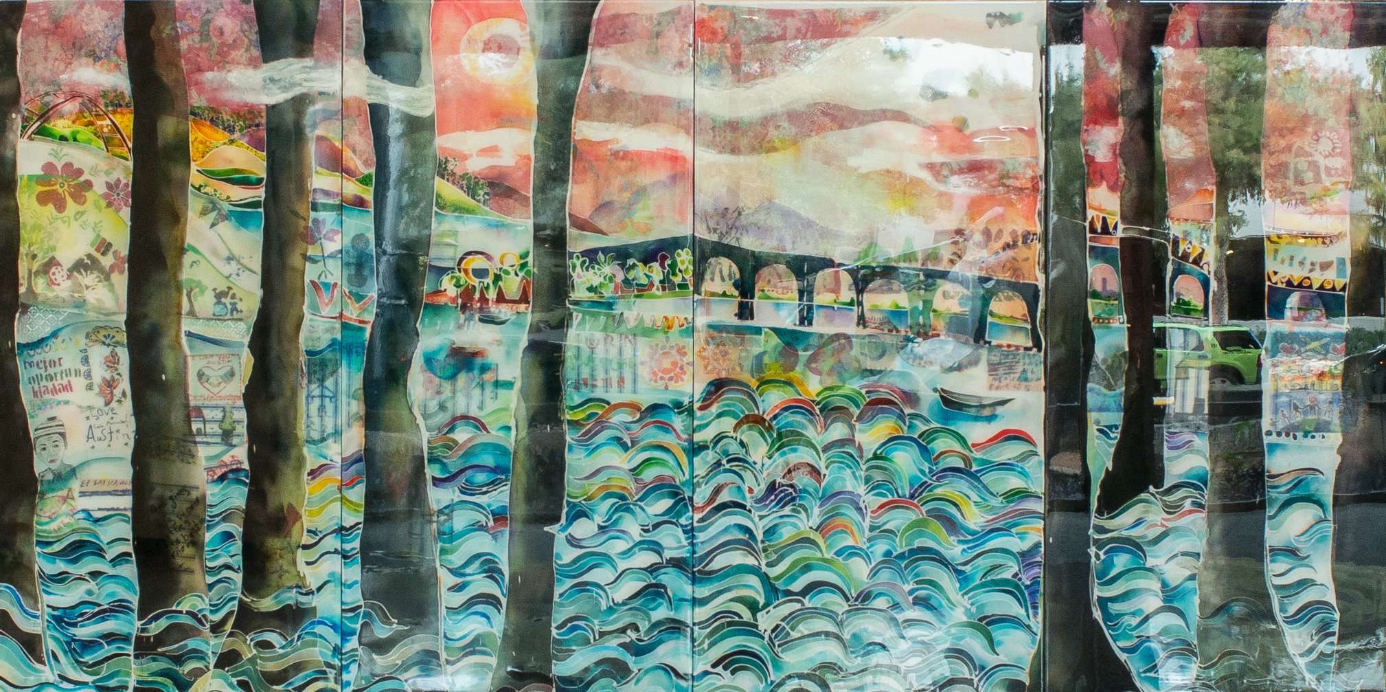 A Place To Call Home, TEMPO 2D 2019 Installation at Austin-Bergstrom International Airport, Community Collaborative Batik with Casa Marianella, Posada Esperanza