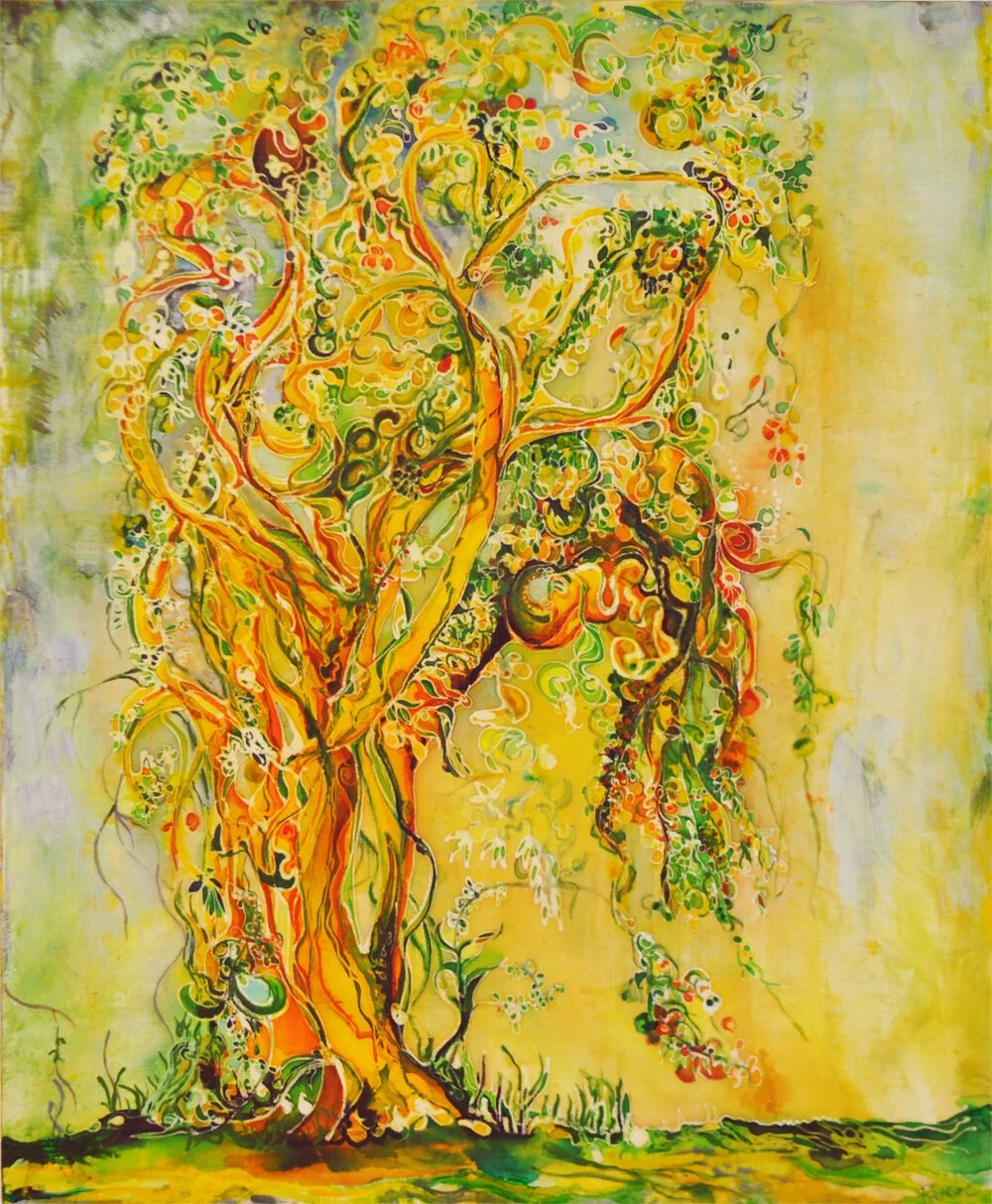 Mangoes & Monsoons, 30”x36”, Batik on Cotton + Mixed Media on Wood Panel SOLD