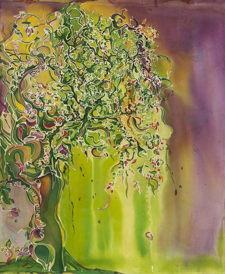 New Monsoons 26”x30”, Batik on Cotton + Mixed Media on Wood Panel SOLD