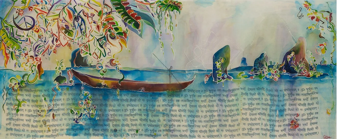 Mantra, 72”x30”, Batik on Cotton, + Mixed Media on Wood Panel SOLD