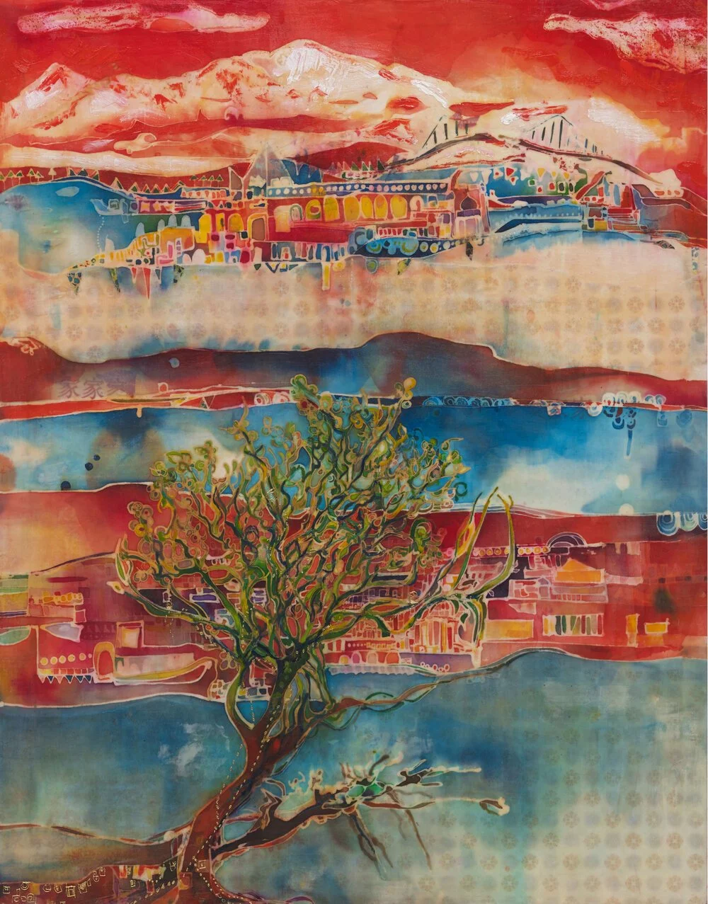Finding Home, 30x40, Batik on Cotton + Mixed Media on Wood Panel SOLD