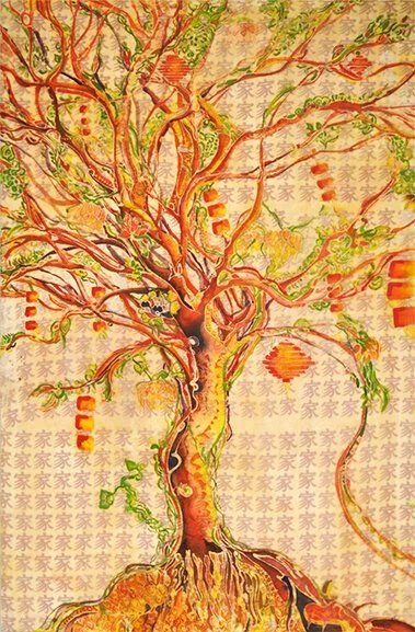 When The Sleeping Dragon Awakes, 24”x36”, Batik on Cotton + Mixed Media on Wood Panel SOLD