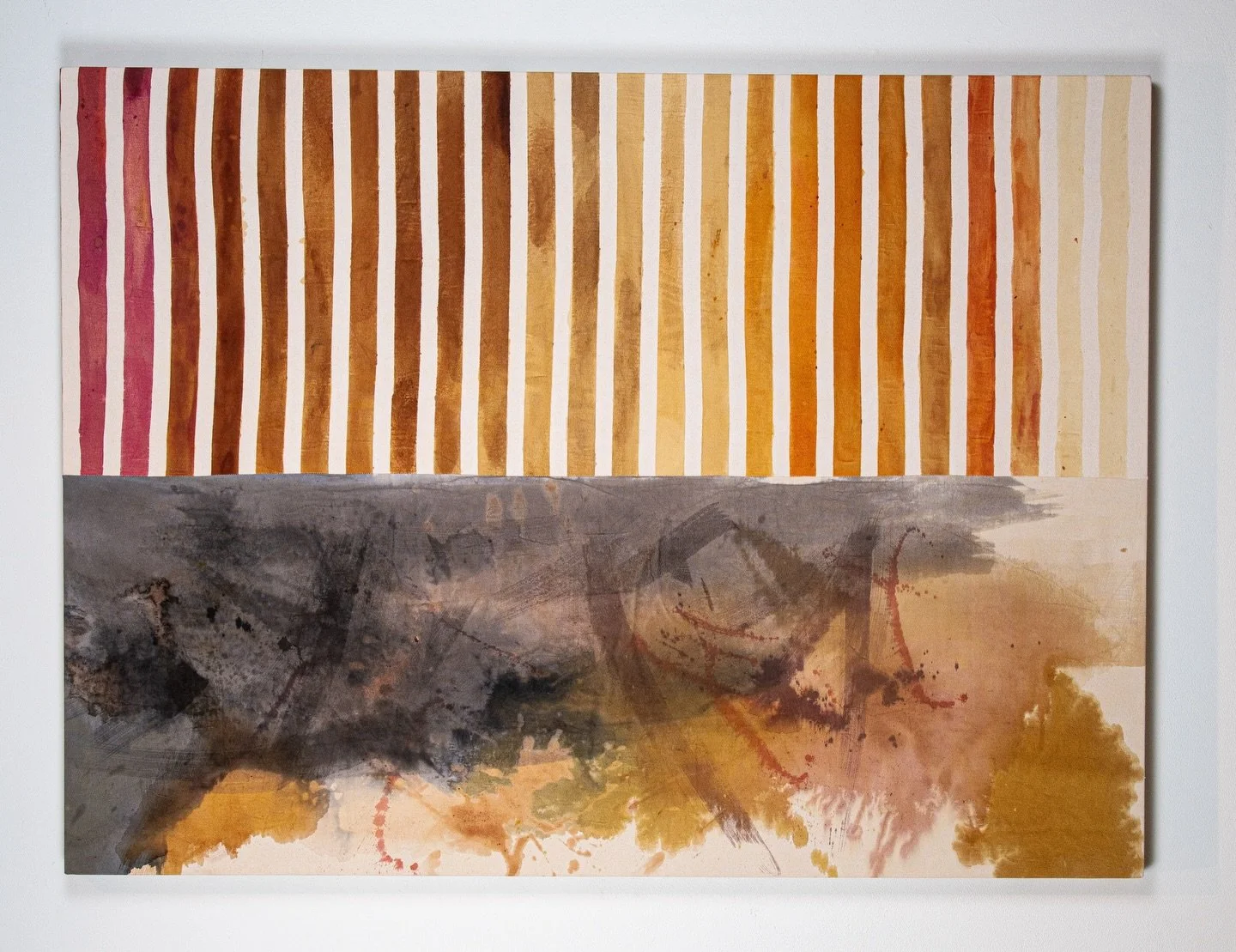 Perspective is all relative.
 
Can you ever really understand a perspective unless you&rsquo;ve been in that world? 

Parallel Conditions 

Handmade inks from myrobalan (amla), pomegranate, sappanwood, iron on mordanted canvas
46&rdquo; x  62&rdquo; 