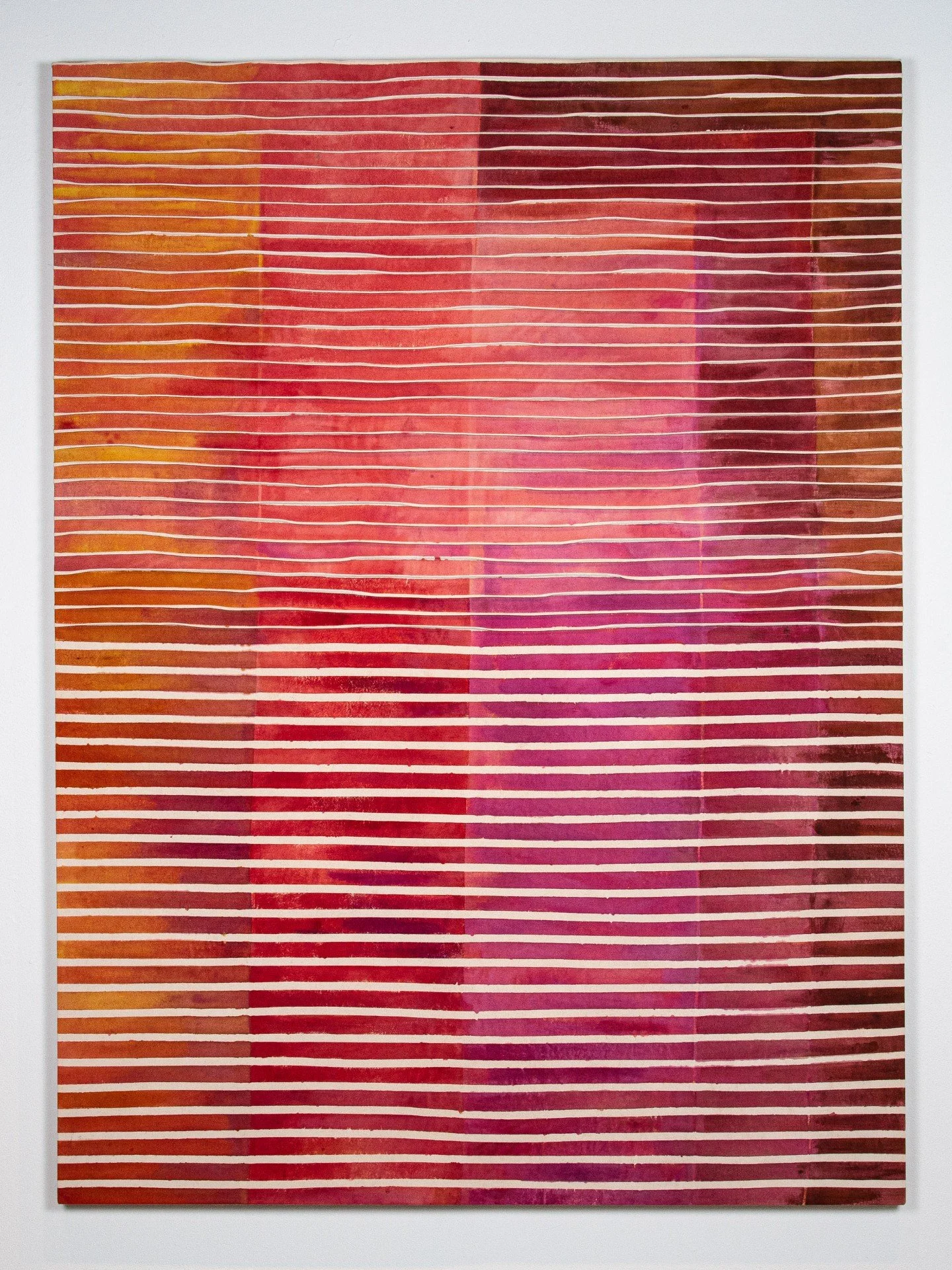 Inks made by hand. Layering, wash after wash, until the pigment starts to breathe on its own. Up close, the shapes and color tell one story and from afar, something entirely different unfolds. Crimson Districts was never about declaring or decorating