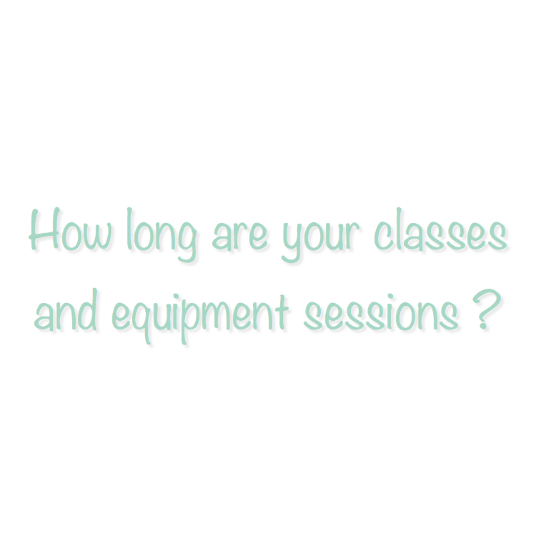 Both Pilates mat and Barre classes are 50 minutes (except for Express Barre which is 30 minutes). Private and Duet Equipment sessions are 55 minutes.