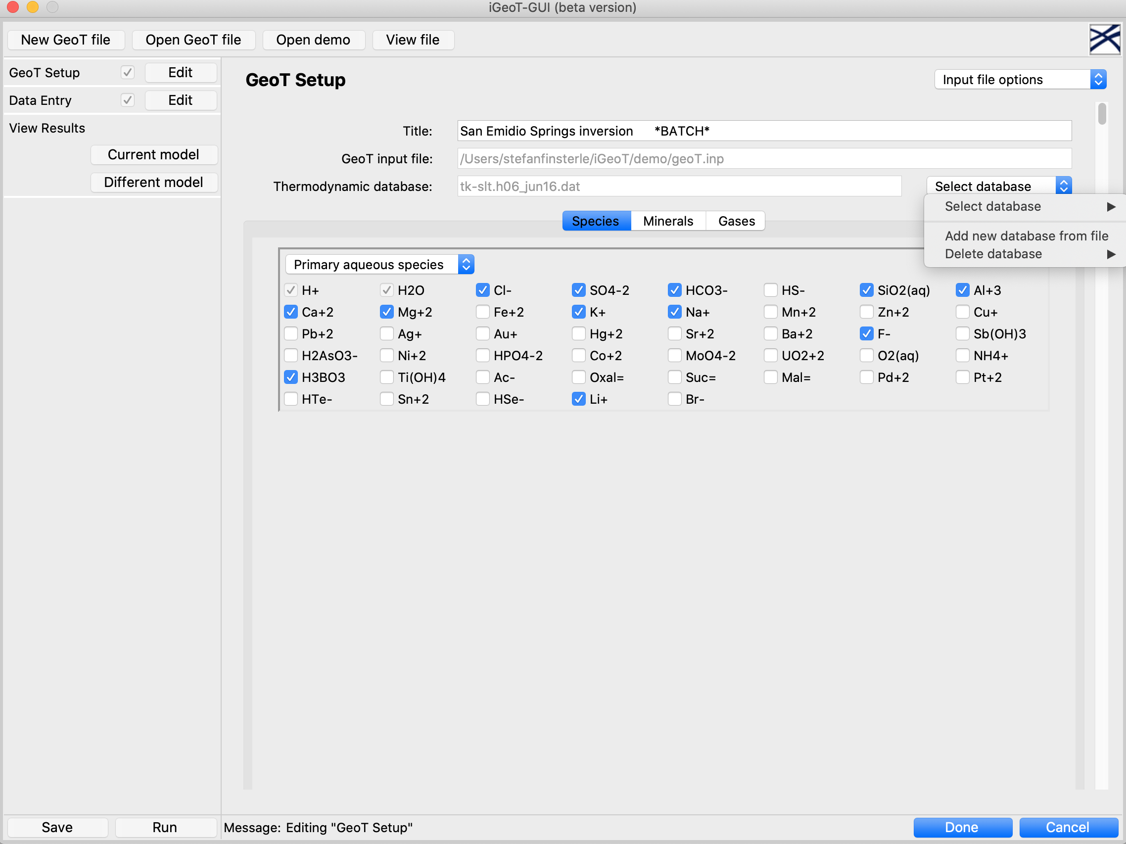 iGeot-GUI Model Setup Screen: Primary Species