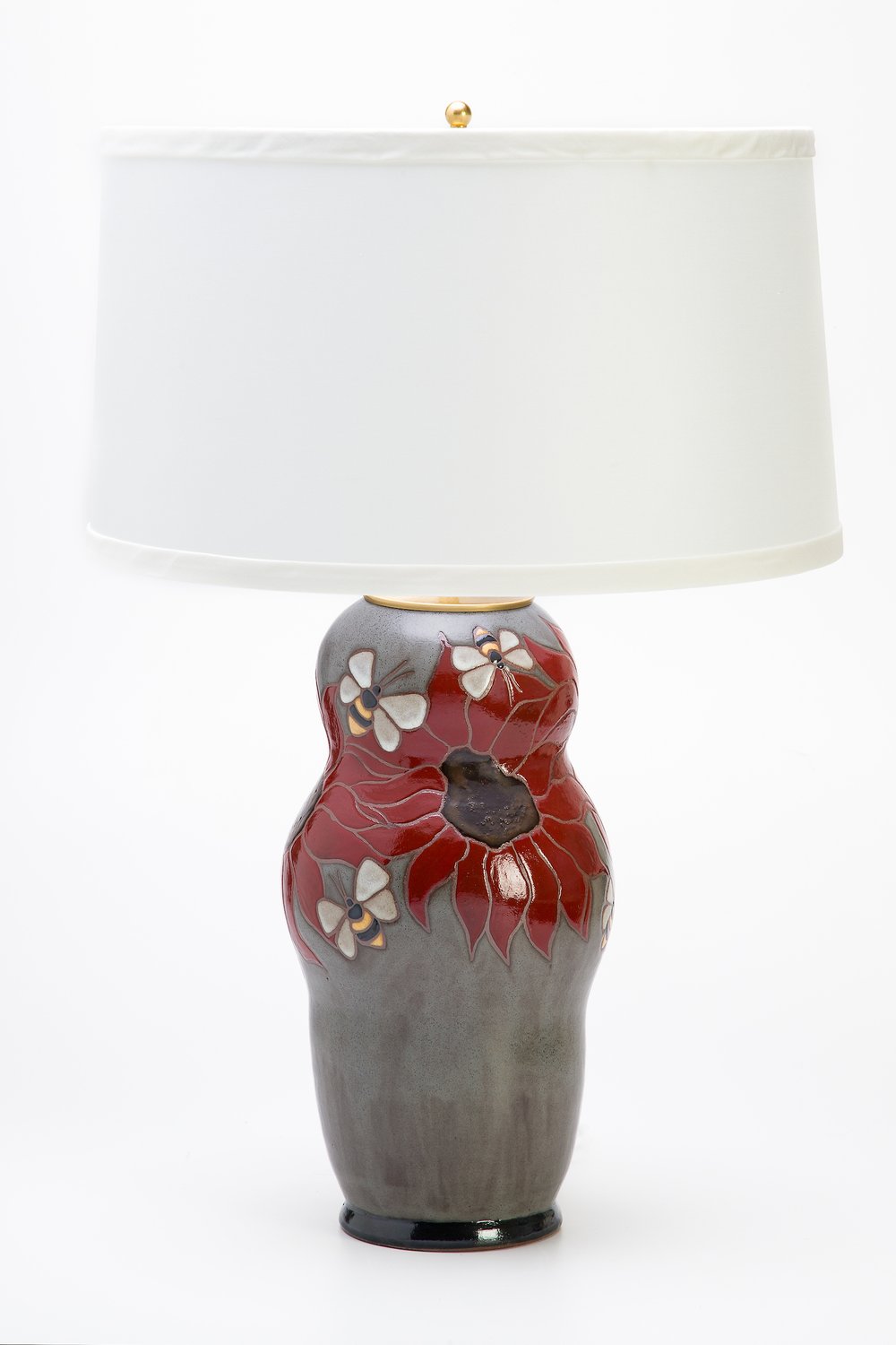 Steel Blue Table Lamp with Red Flowers and Bees
