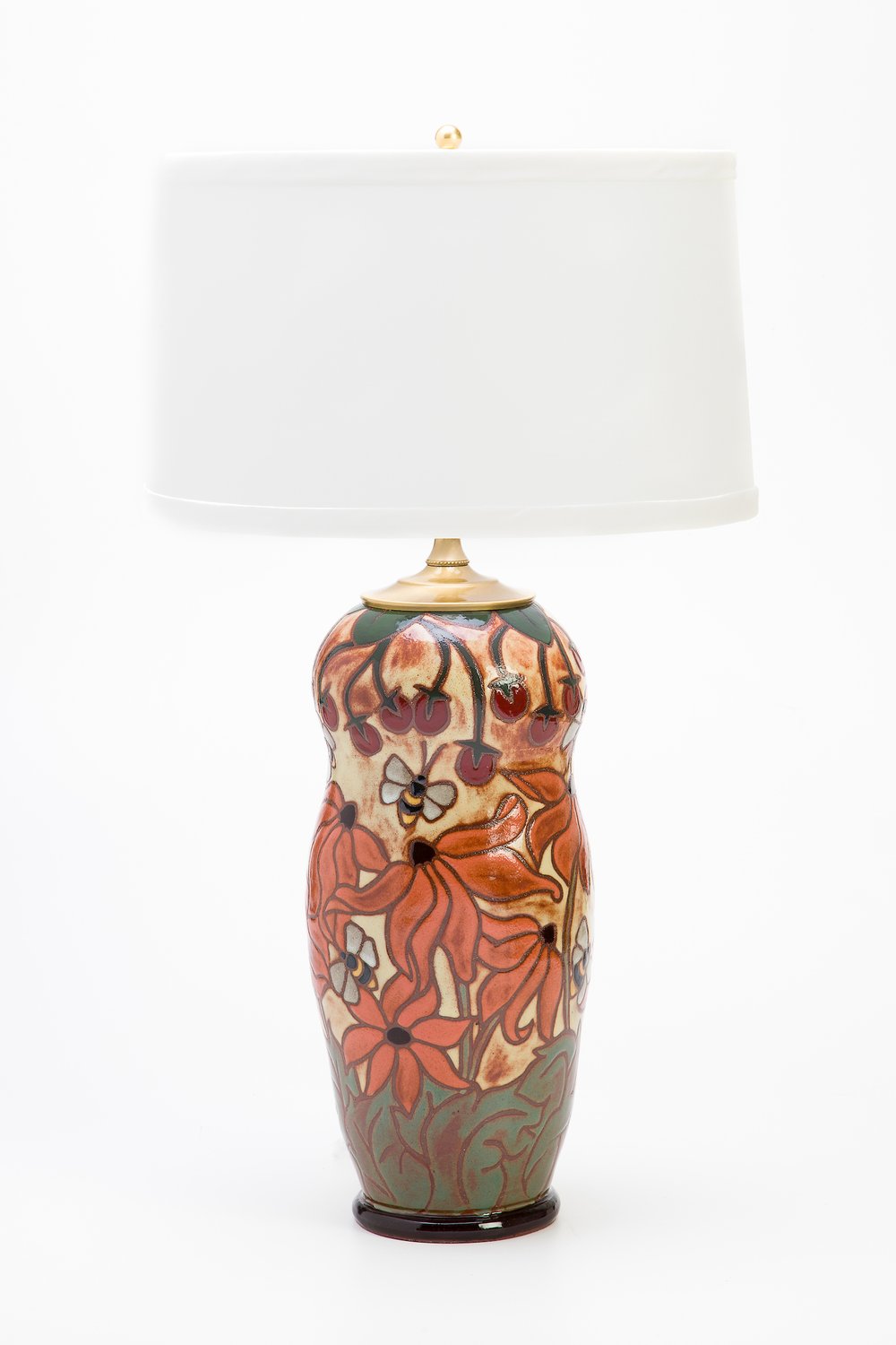 Sunny Table Lamp with Orange Cone Flowers, Bees, and Berries