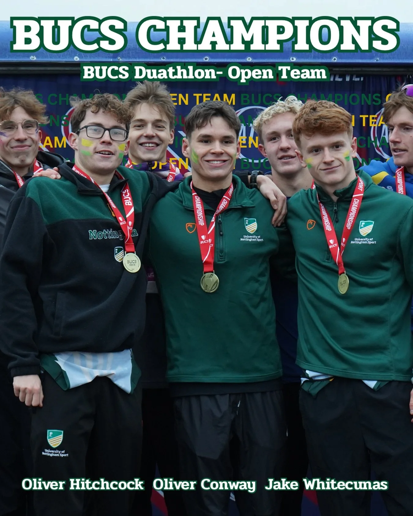 🏆CHAMPIONS🏆

Oli Conway, Oli Hitchcock and Jake Whitecunas all had fantastic performances on Sunday giving them the fastest accumulated time- 02:41:39! Well done all!

#bleedgreenandgold #nottstotheworld 

#uon #uonsport #uontri #triathlon #duathlo