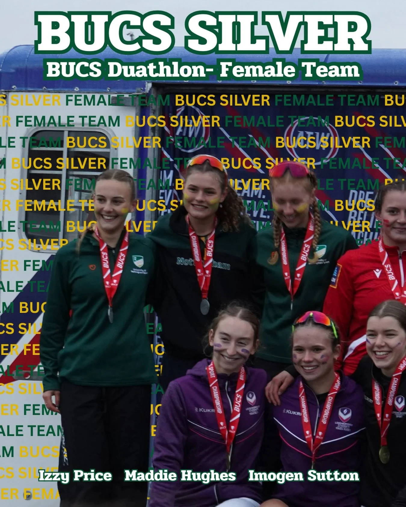BUCS SILVER 🥈

At BUCS Duathlon, our female team of Izzy Price, Maddie Hughes and Imogen Sutton managed to secure a Silver with a blistering combined time of 3:12:41! 

#bleedgreenandgold #nottstotheworld 

#uontri #triathlon #uon #uonsport #duathlo