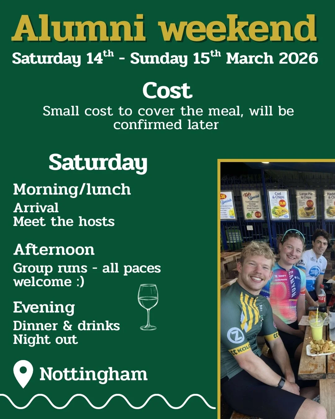 TO ALL ALUMNI,

We are very excited to announce our first ever alumni weekend! A chance for our alumni and our current members to celebrate and catch up! All the confirmed details are in the post, join the groupchat below to join the groupchat, any f