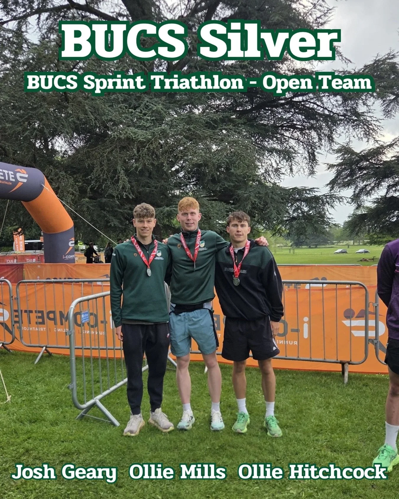 BUCS Silver 🥈

3 great individual performances from Ollie Hitchcock (6th), Ollie Mills (8th) and Josh (9th) managed to stop Lboro domination by placing 2nd with an accumulated time of 2:47:31! 

#bleedgreenandgold 

#triathlon #swimbikerun #uonsport
