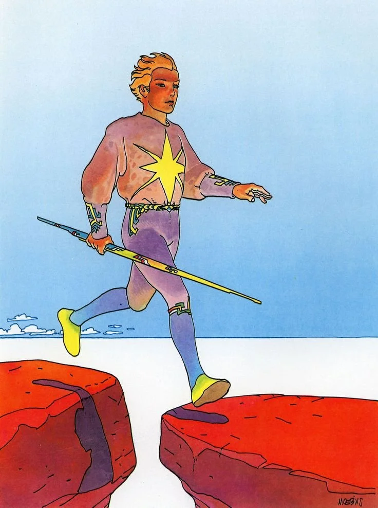 Illustration by Jean Giraud aka Moebius of walking boy with a stick