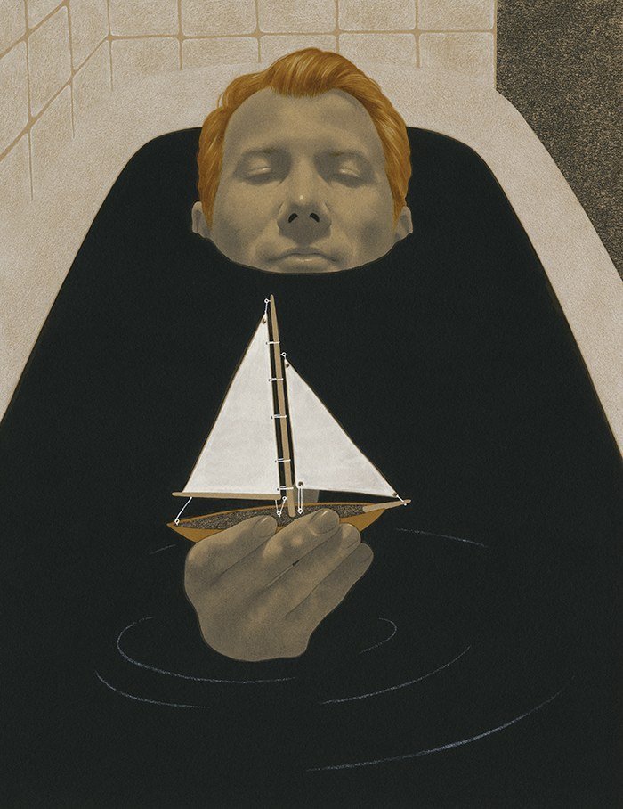 man in the bathtub with a paper boat in his hand by Edward Kinsella