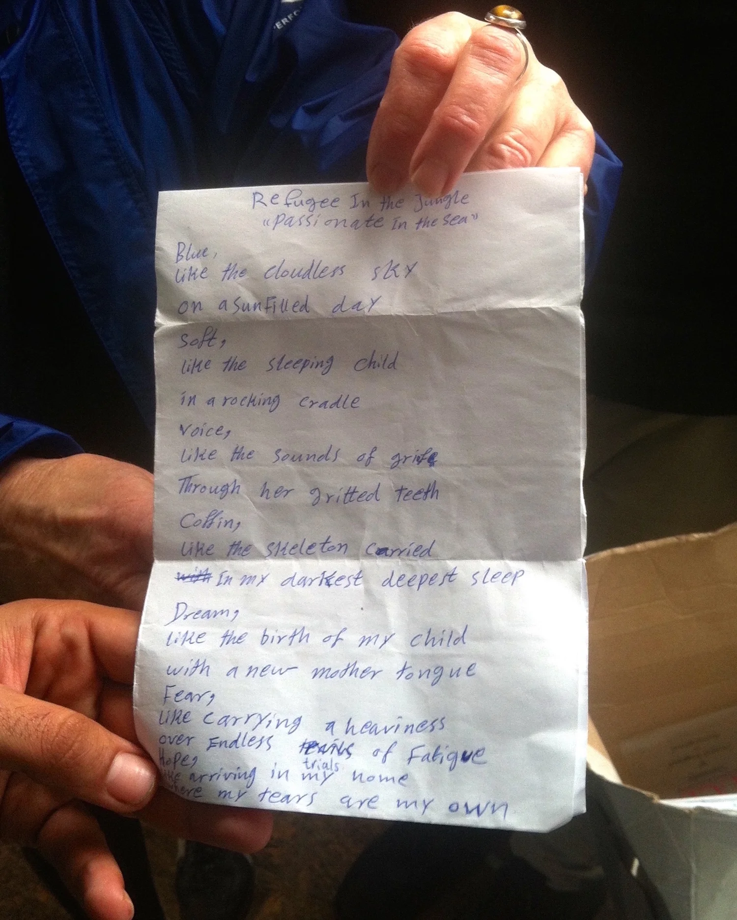 The Welcome Tent story started in Calais with this poem by MO AKA The Dream, “Refugee in the Jungle”