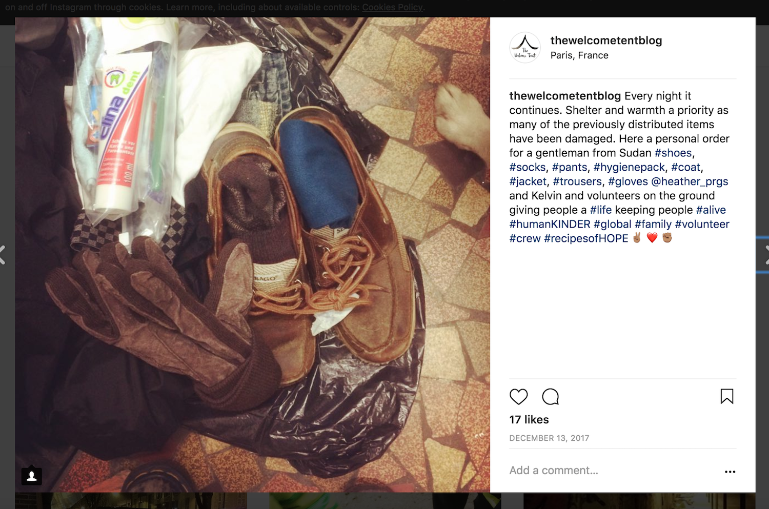 Order for a gentleman from Sudan, delivered by the team at Paris Refugee Ground Support, December 2017