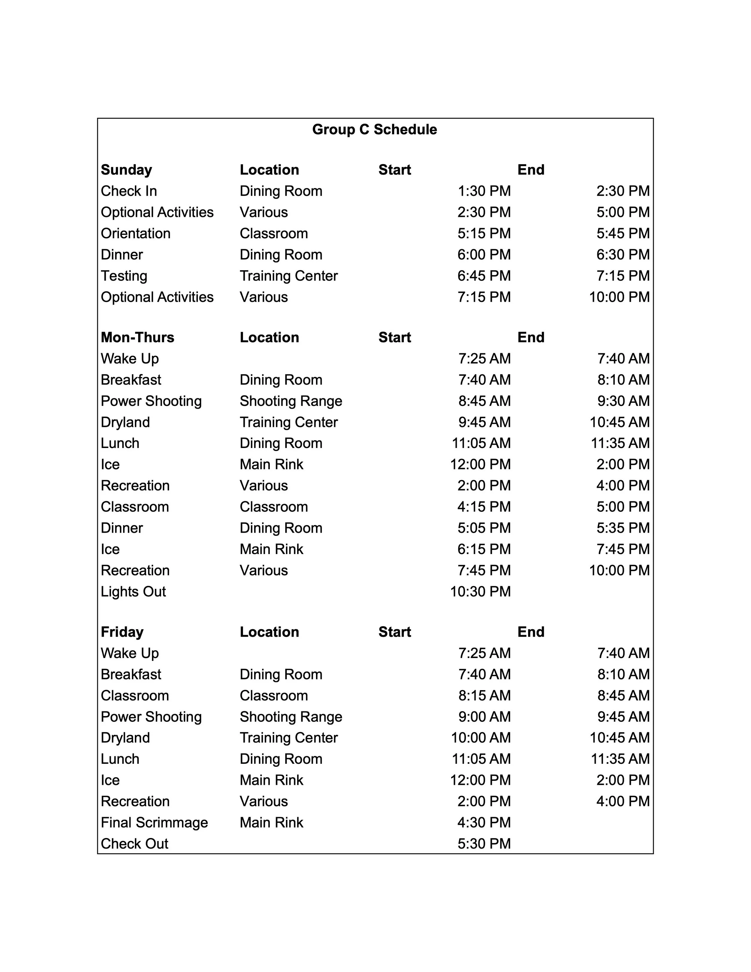 Daily Camp Schedule Heartland Hockey Camp — Heartland Hockey