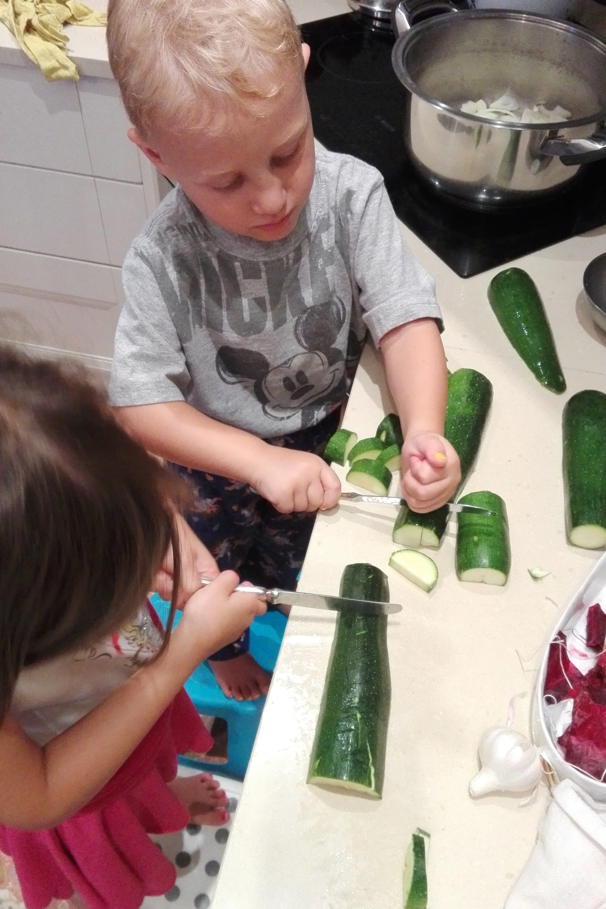 Preparing dinner. Working together. Talking about zucchini and where it comes from. 