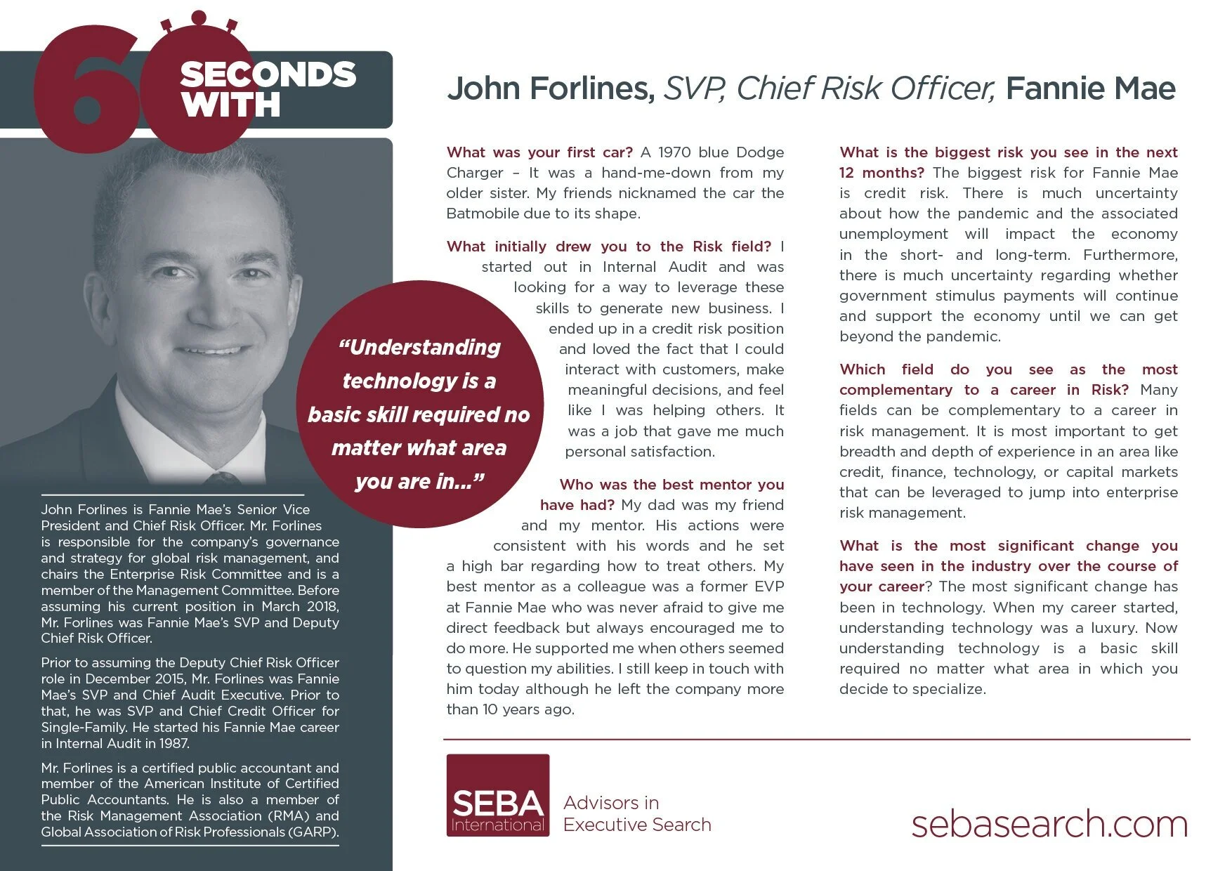 SEBA International Spends 60 Seconds With: John Forlines, Chief Risk Officer of Fannie Mae