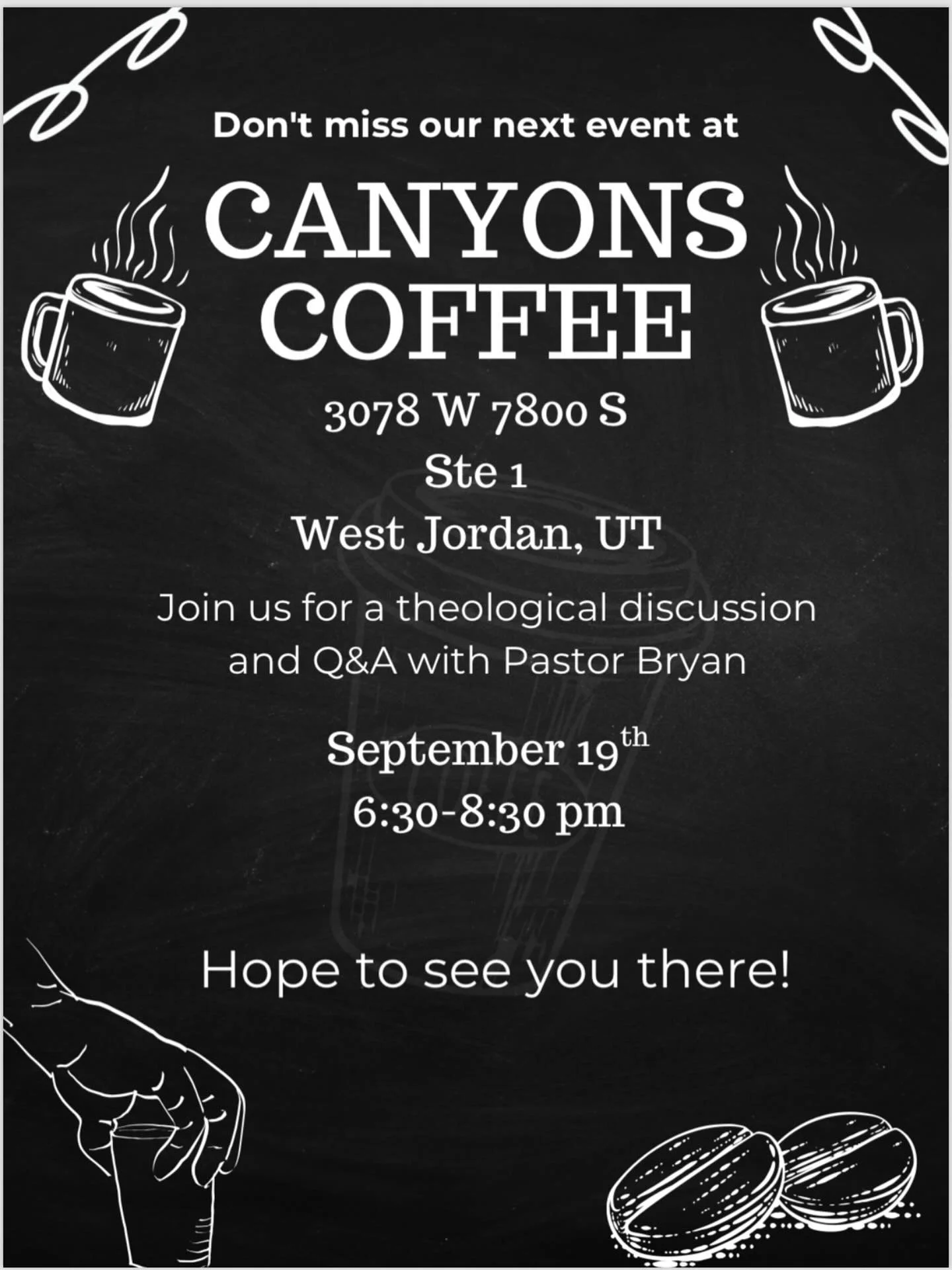 Join us September 19th at Canyons Coffee for our next young adult event! We&rsquo;re going to have a great night talking about God together 😊☕️