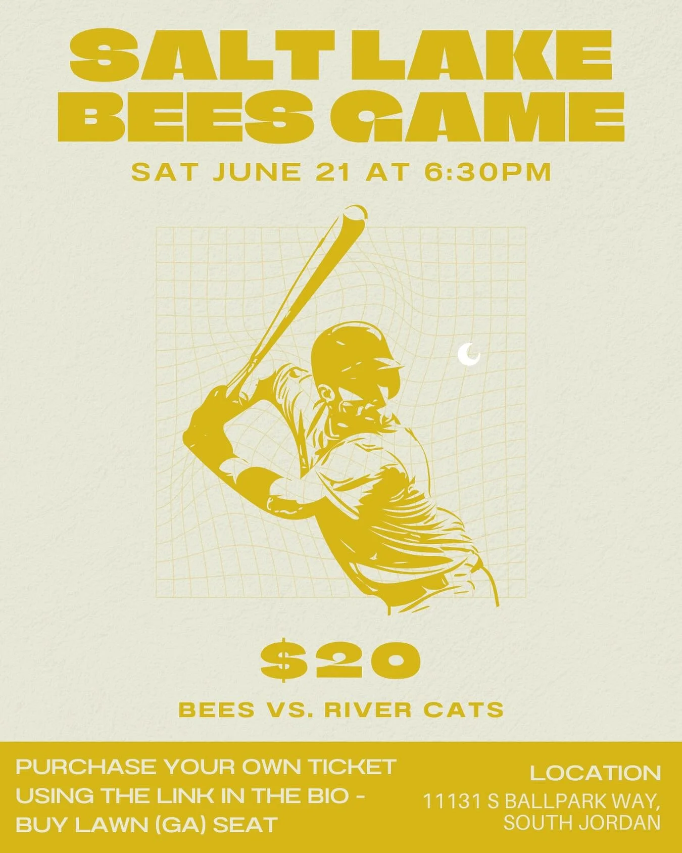 Join us for a fun night at the Salt Lake Bees game on Saturday, June 21st! The game starts at 7:05 pm and we&rsquo;ll be arriving about 30 minutes early to secure lawn seats. Come enjoy an evening of fellowship, mini golf, food and plenty of fun! Ple