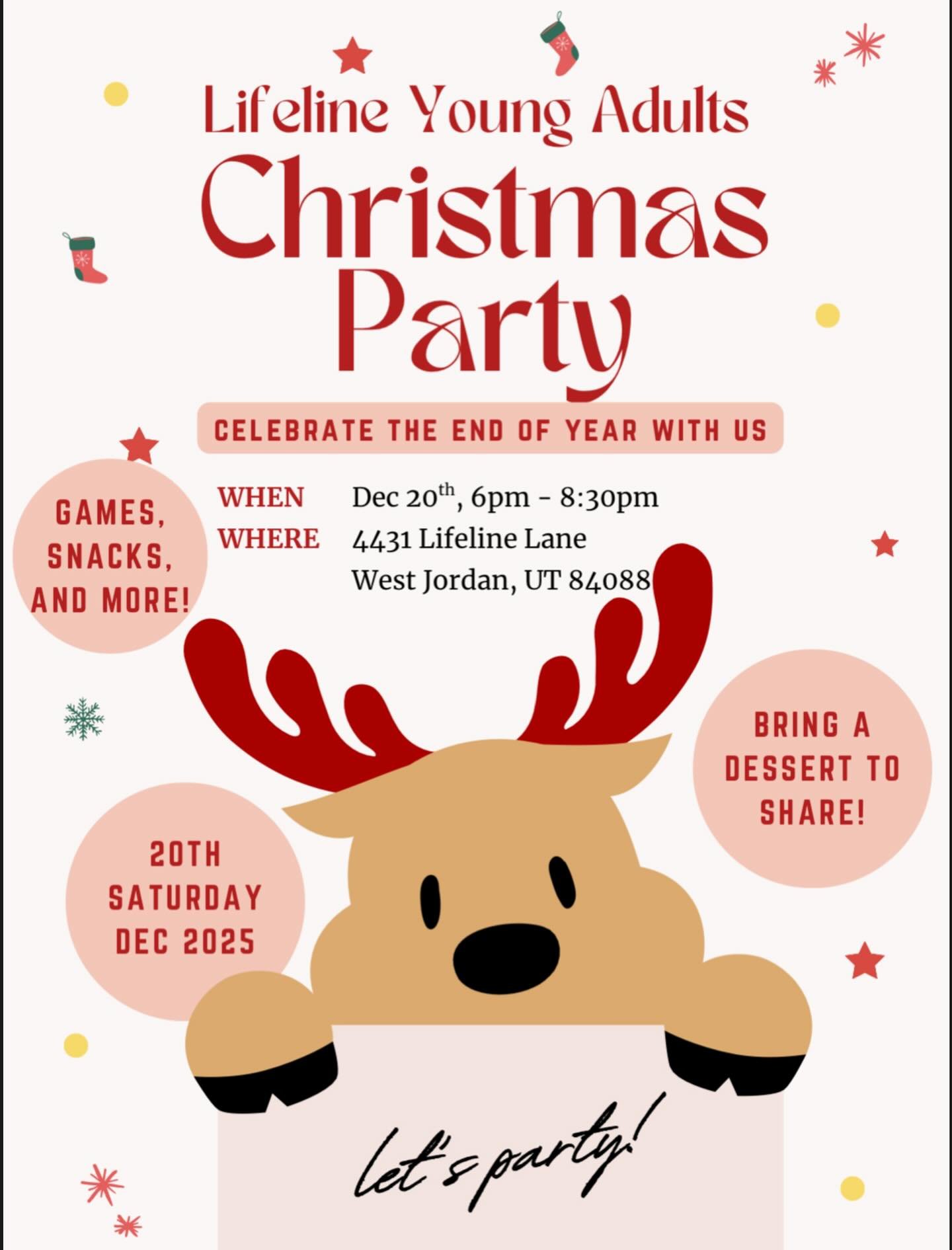 Join us on December 20th for the Lifeline Young Adults Christmas! 🎄🎁 Bring your favorite dessert to share and enjoy fellowship and games with us!