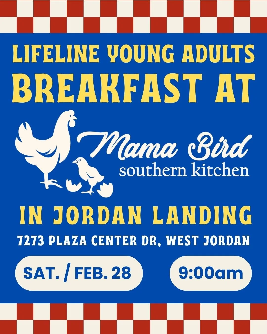 Join us on Saturday, Feb. 28 at 9:00am at Mama Bird restaurant in Jordan Landing! It's going to be a fun and super delicious time to enjoy some breakfast with one another! 🍽👏🤗
