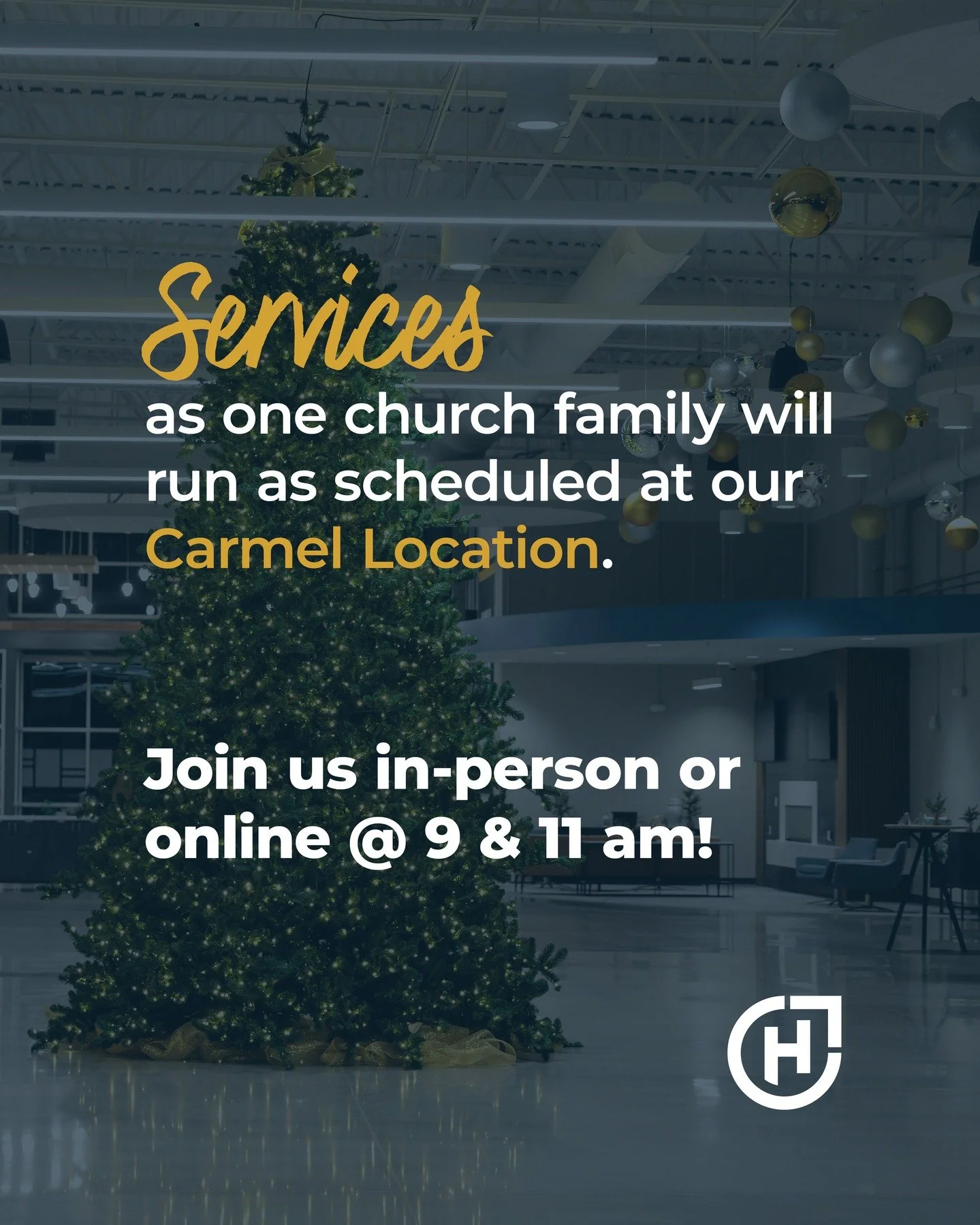 We will operate as normal at our Carmel location today, December 14 - with our Westfield congregation joining us at 11am for services. Looking forward to worshiping with you!