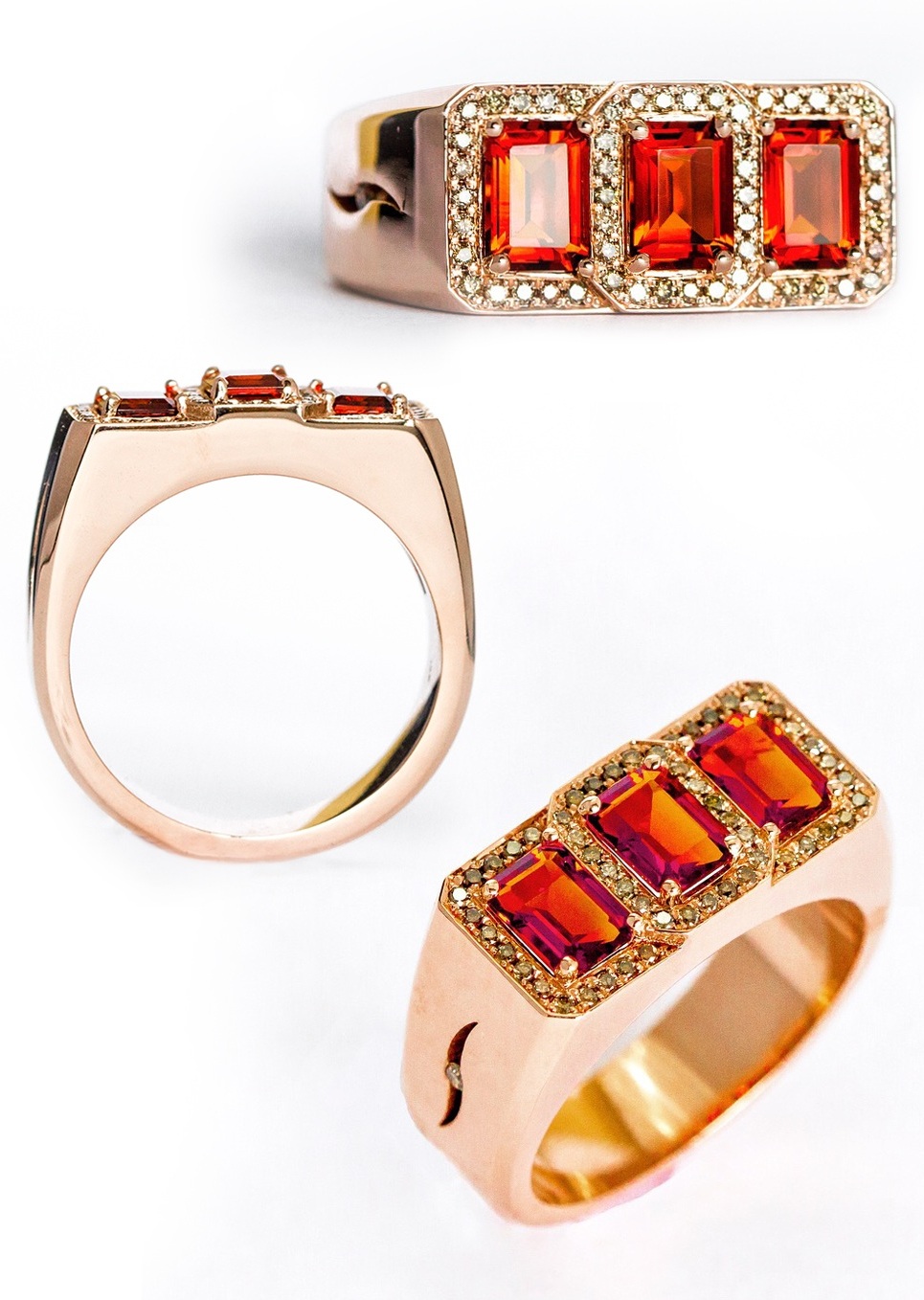 14K Rose Gold Custom Made Gents Ring with Madeira Citrines and Champagne Colored Diamonds.